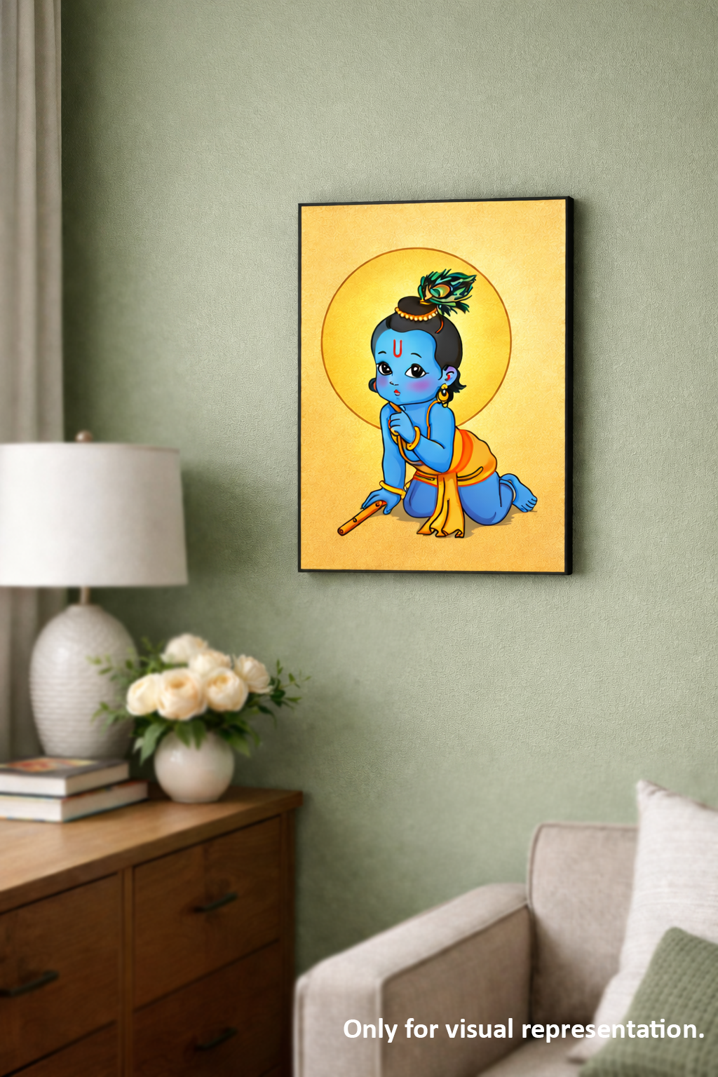 MDF DIY wall art of a blue-skinned figure with a yellow background on a green wall.