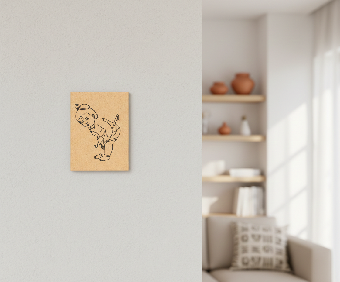 MDF DIY  wall art of a krishna  in a room with shelves and a sofa.