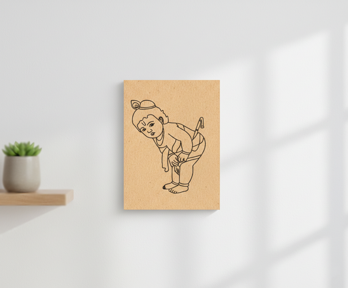 MDF DIY wall art  of a child drawing on a white wall with a plant on a shelf below.