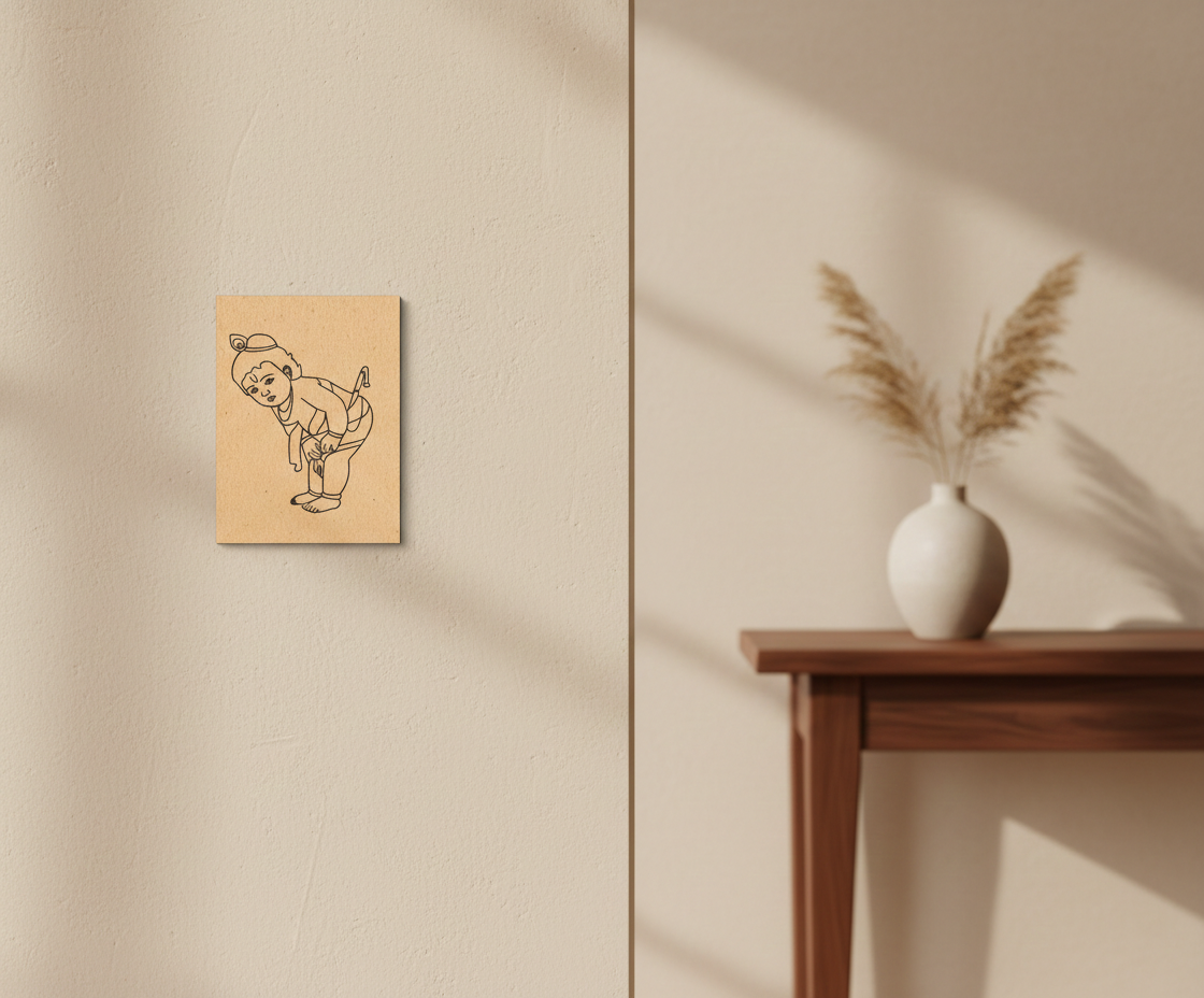 Minimalist interior with MDF DIY wall art  and a vase on a table.