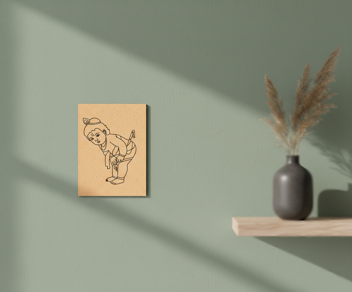 MDF DIY wall art  with a drawing of a child on a green wall with a vase and dried plants.