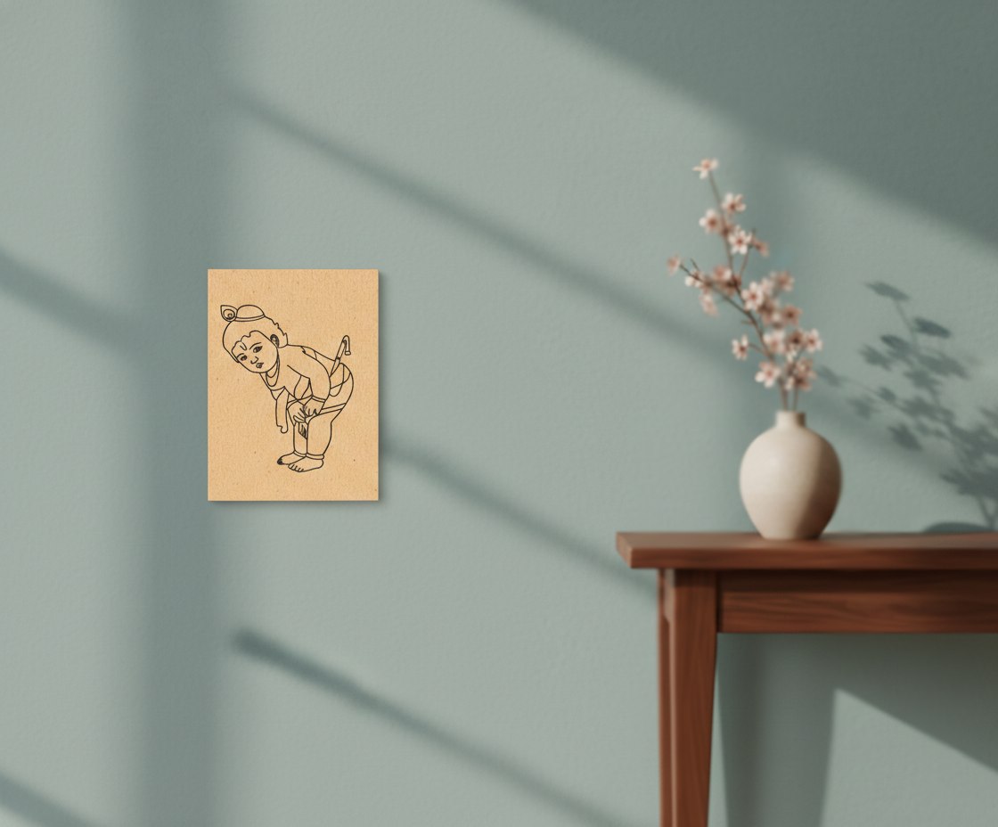 MDF DIY  wall art of a child drawing on a light green wall with a vase of flowers on a wooden table.