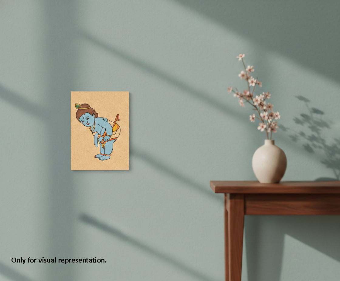 MDF DIY wall art of a blue character on a beige background, displayed on a wall next to a wooden table with a vase.