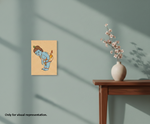 MDF DIY wall art of a blue character on a beige background, displayed on a wall next to a wooden table with a vase.