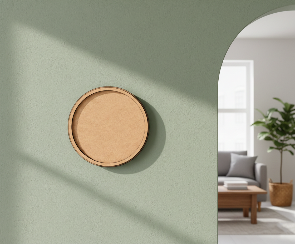 Bordered pre-marked MDF round base for DIY painting and craft projects, mounted on wall