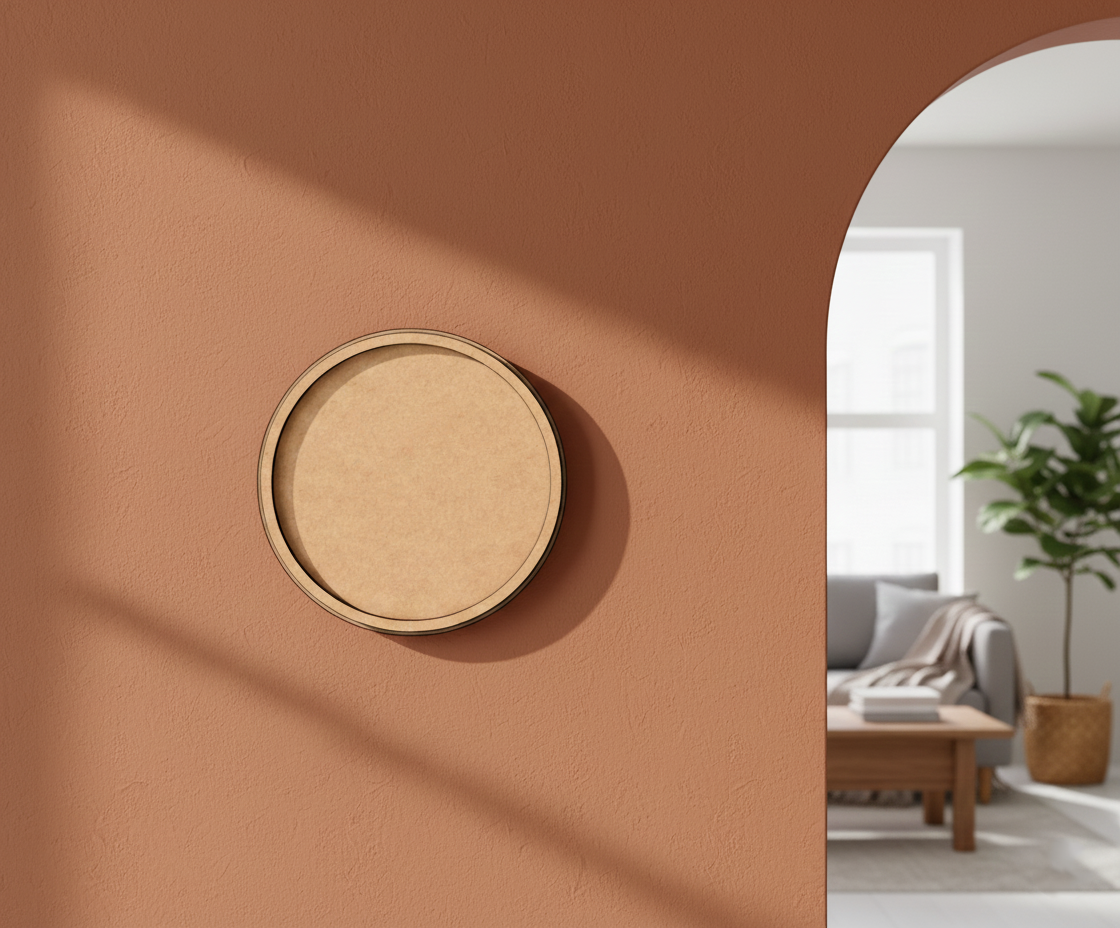 Bordered pre-marked MDF round base for DIY painting and craft projects, mounted on wall