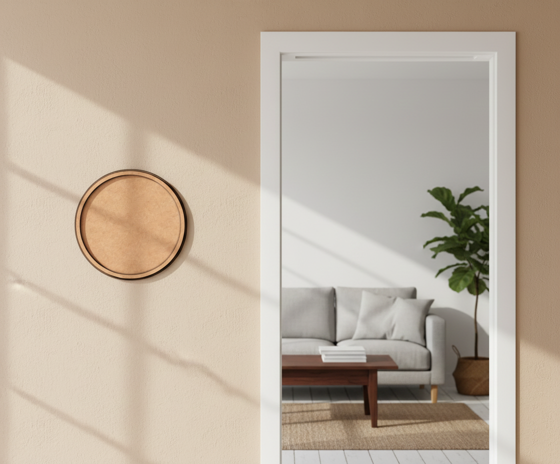 Bordered pre-marked MDF round base for DIY painting and craft projects, mounted on wall