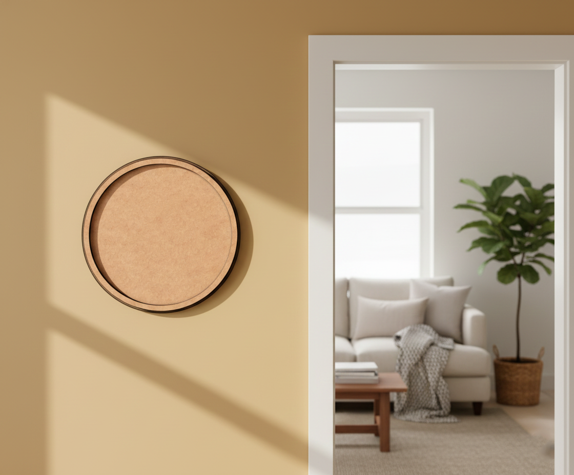 Bordered pre-marked MDF round base for DIY painting and craft projects, mounted on wall