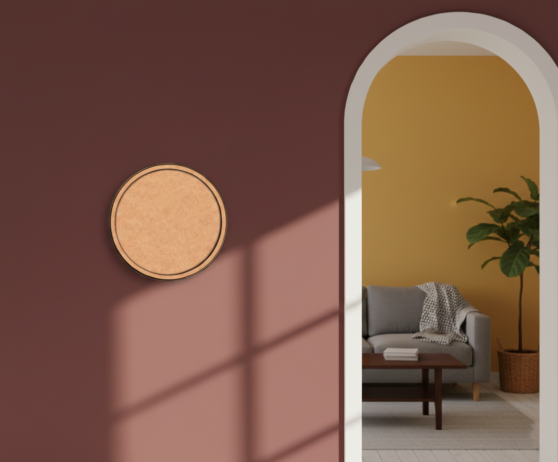 Bordered pre-marked MDF round base for DIY painting and craft projects, mounted on wall