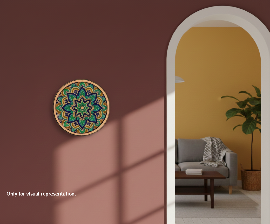 Painted Bordered pre-marked MDF round base for DIY painting and craft projects, mounted on wall