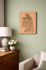 MDF DIY  wall art of a couple on a green wall above a wooden side table with a lamp and flowers.