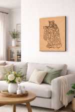 Living room with a beige sofa, wooden coffee table, and decorative MDF DIY  wall art.