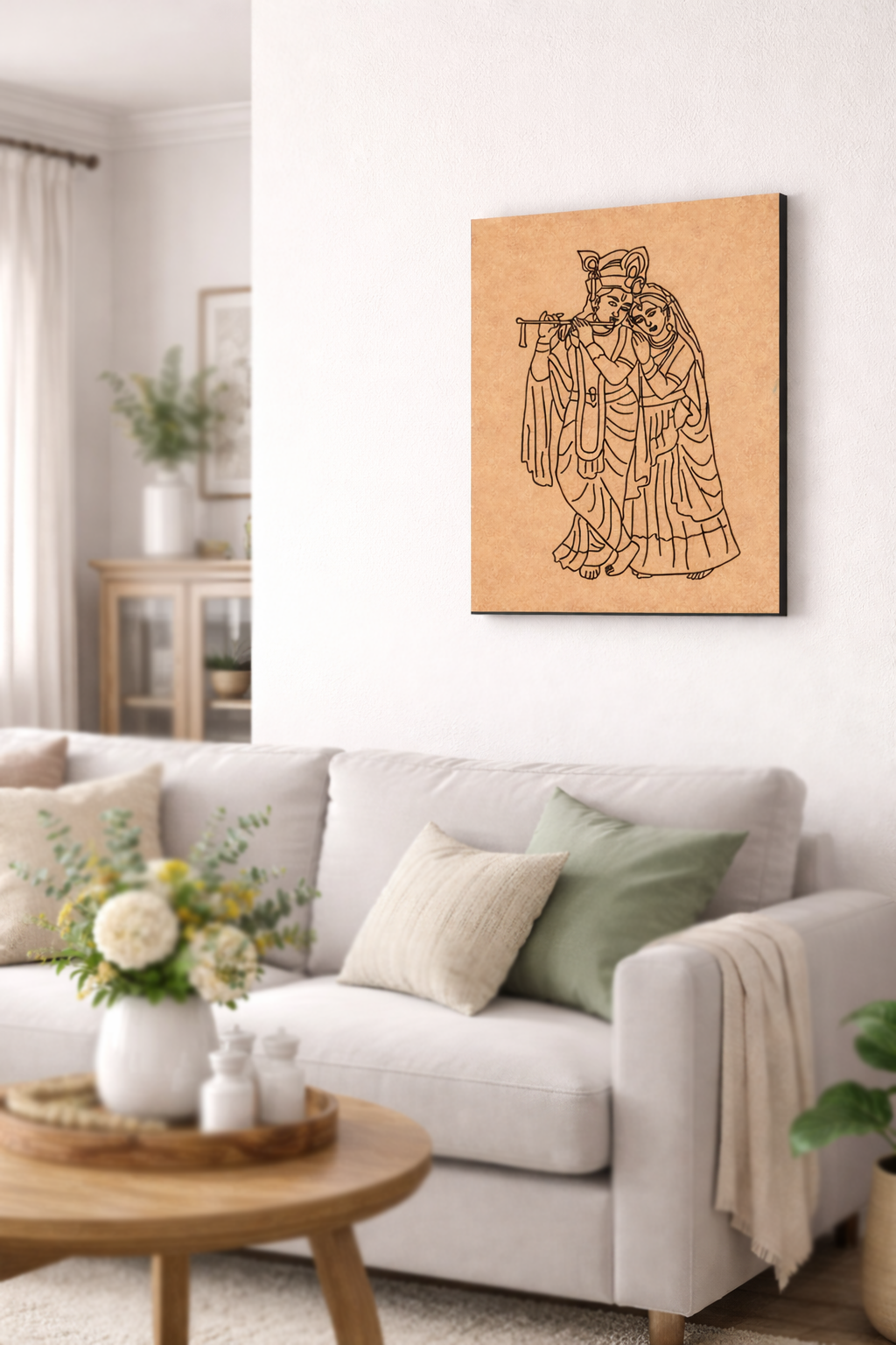 Living room with a beige sofa, wooden coffee table, and decorative MDF DIY  wall art.