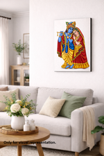 Colorful MDF DIY painting of two figures on a wall above a sofa in a living room.
