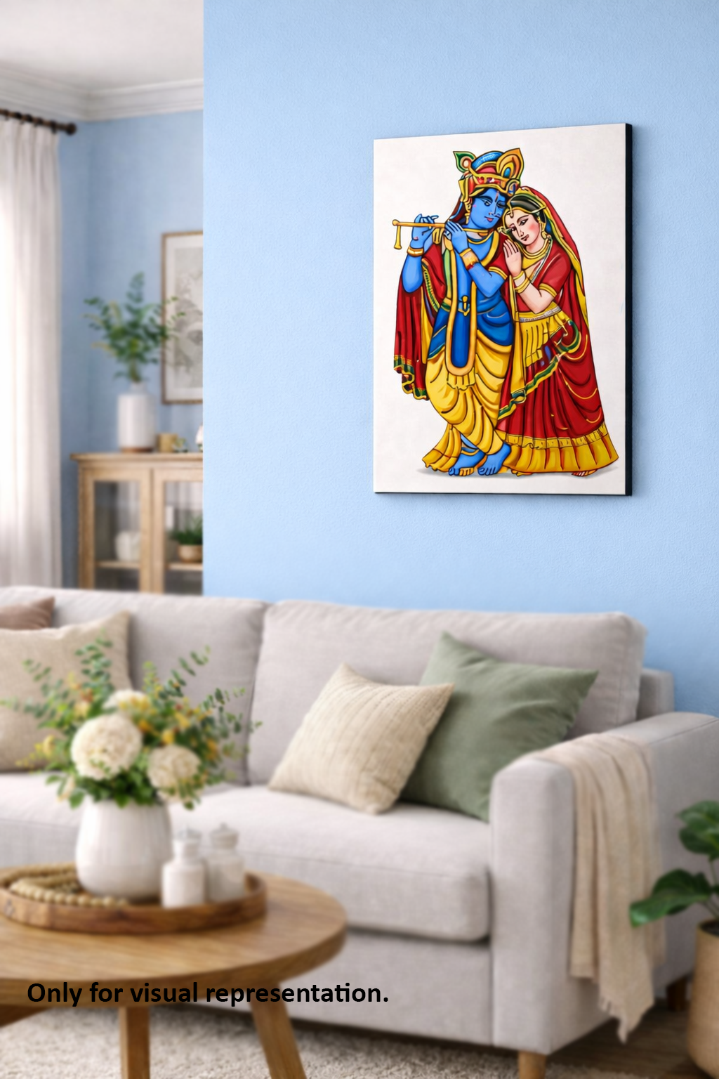 Living room with a MDF DIY painting of two figures on the wall.