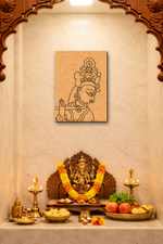 MDF DIY  wall art Pooja room with a deity statue, flowers, and lights on a marble platform.