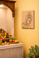 Decorative MDF DIY wall art of a deity on a yellow wall next to a religious altar.