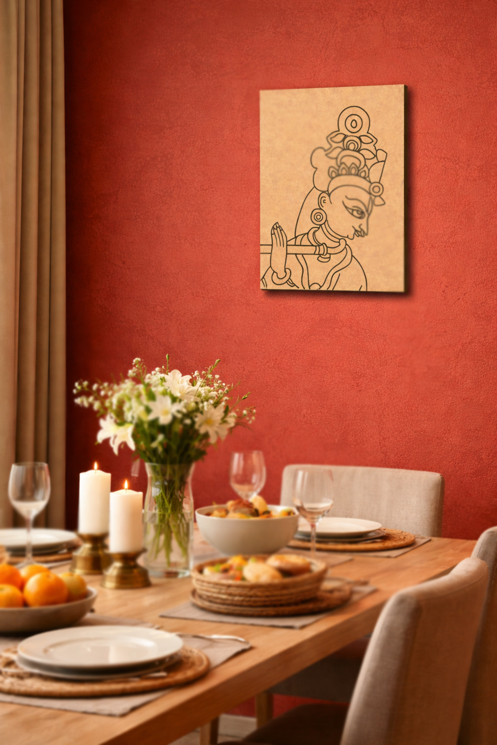 Dining room with a table set for a meal, flowers, and a decorative MDF DIY wall piece.