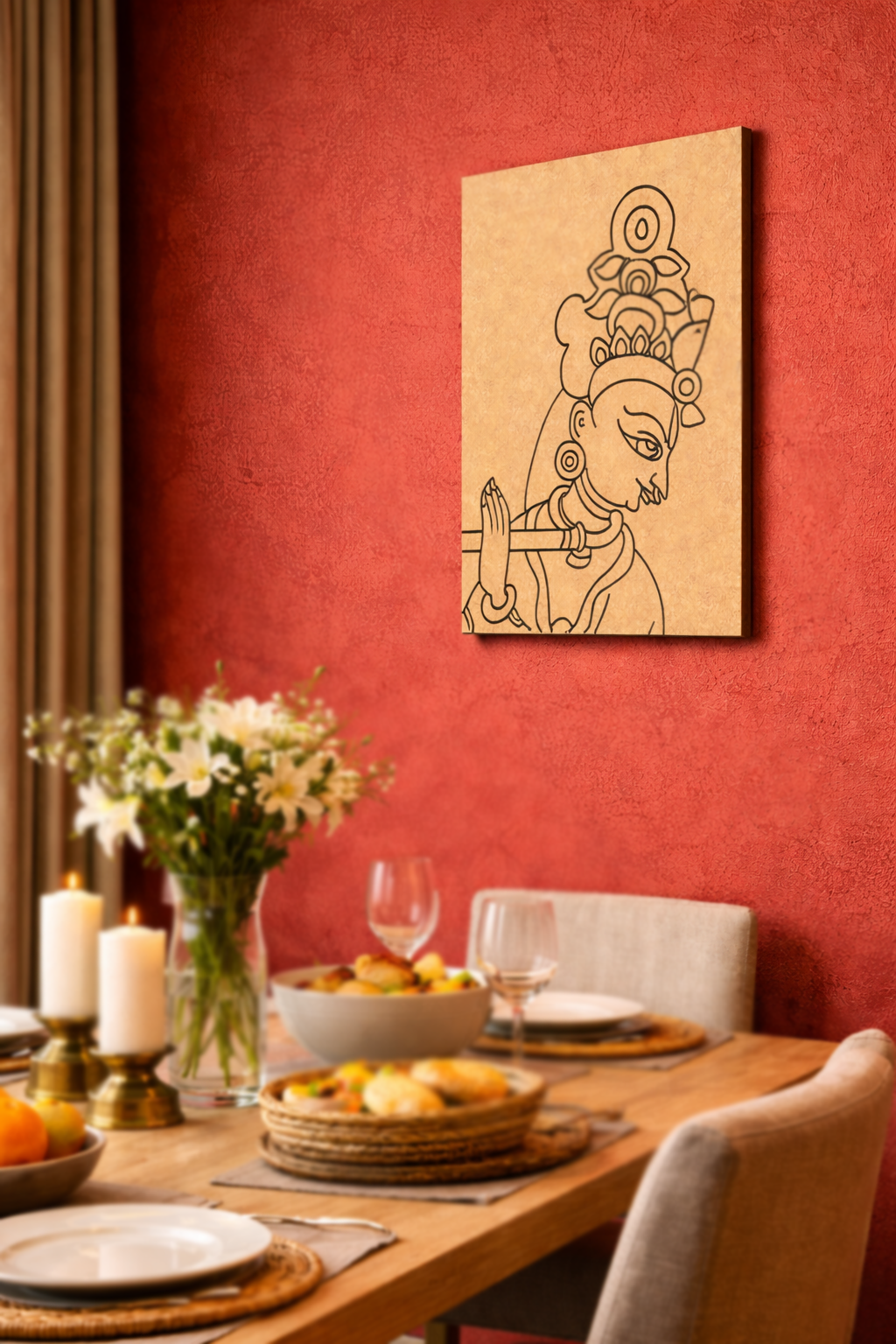 Dining room with a red wall, table set for a meal, and a decorative MDF DIY wall piece.