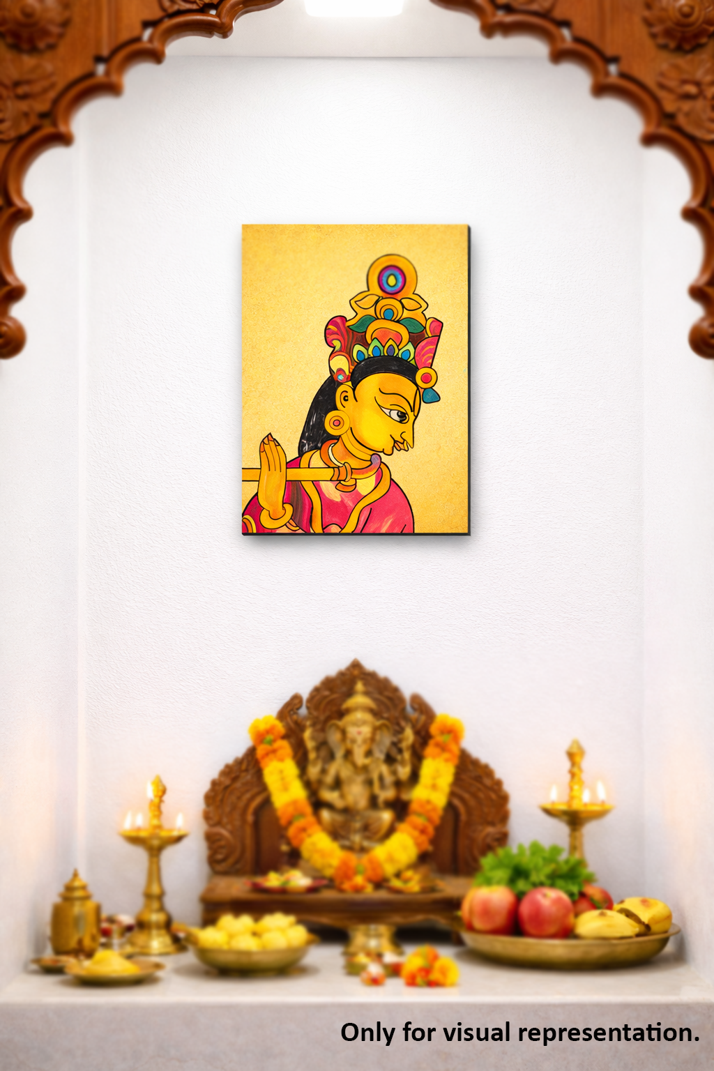 Decorative MDF DIY wall art with a framed artwork of a deity on a white wall.