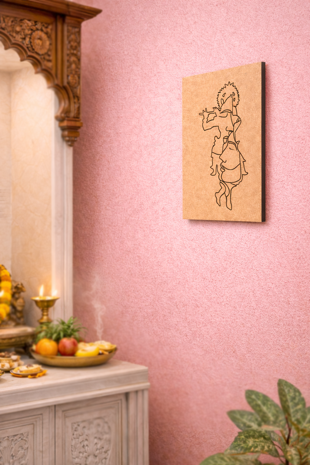 MDF DIY wall art of a  figure on a pink wall with decorative elements.