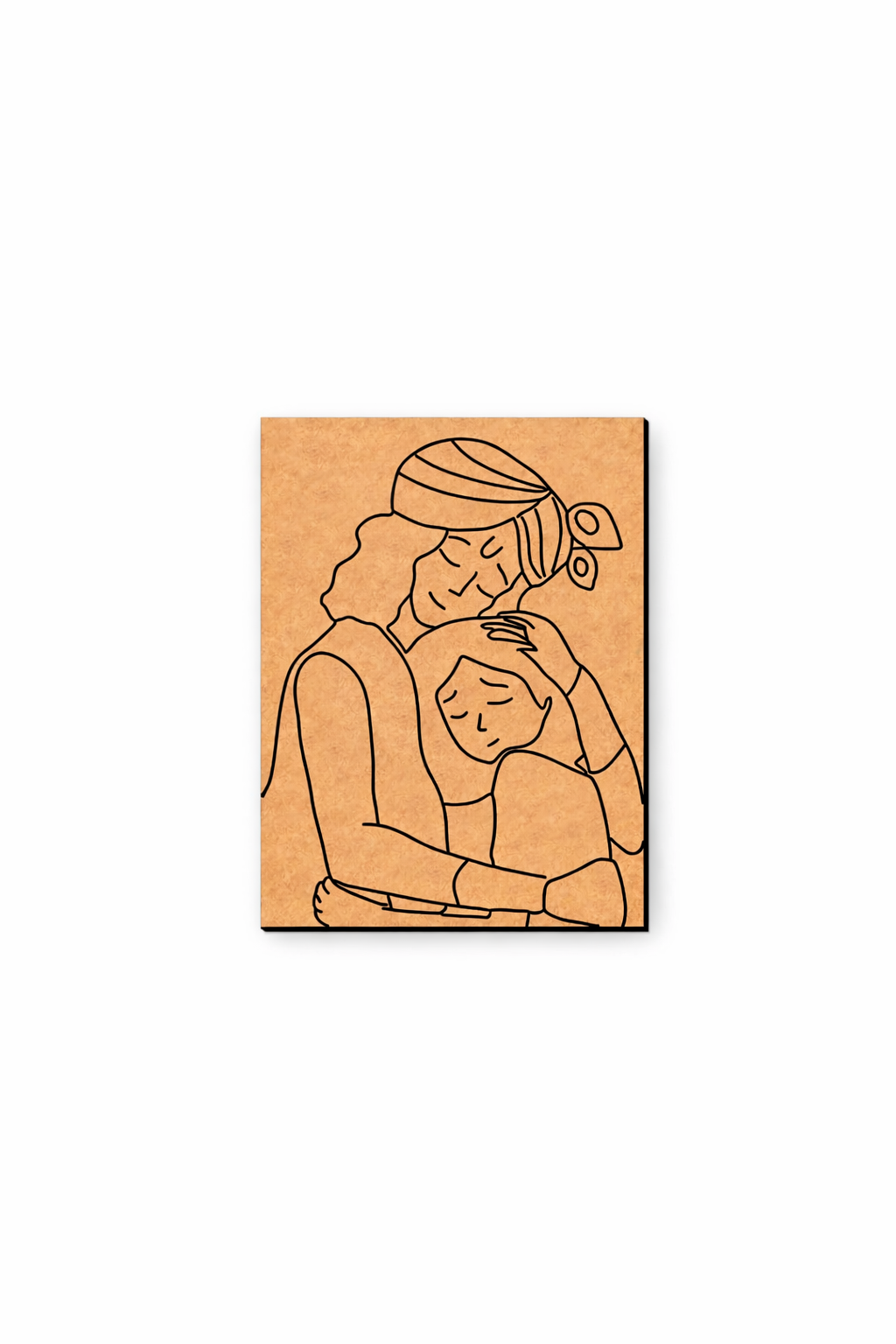 MDF DIY  wall art  with a line drawing of a krishna embracing a child on a white background