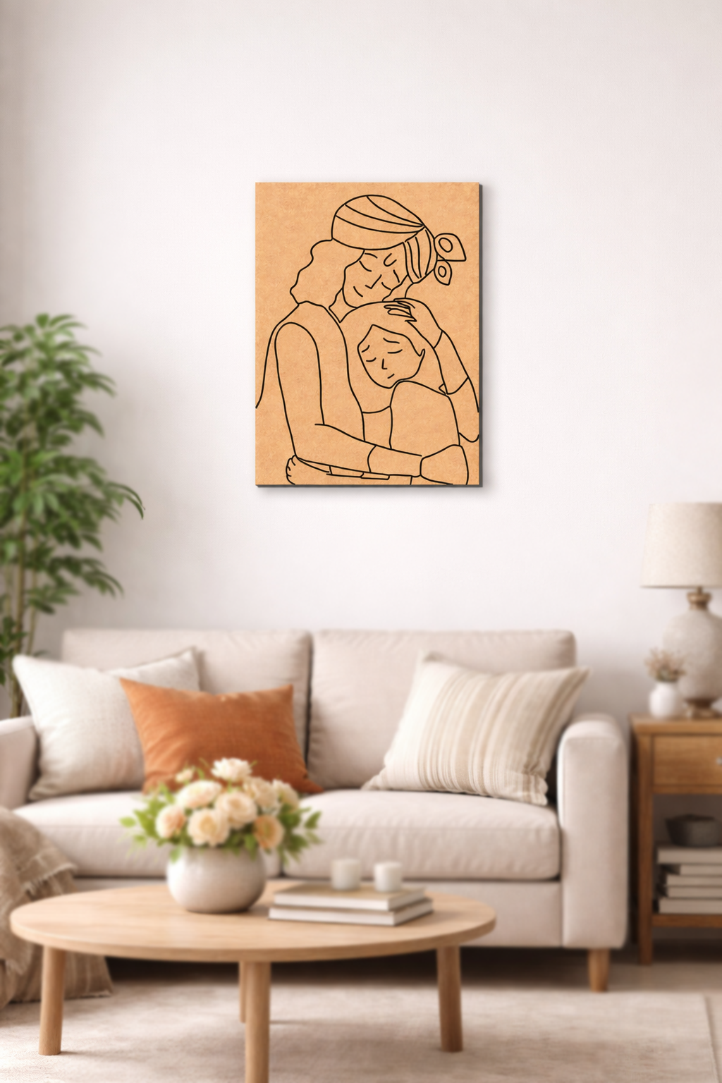 Living room with a beige sofa, wooden coffee table, and MDF DIY wall art of a woman holding a child.