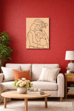 Living room with a beige sofa, wooden coffee table, and MDF DIY wall art of a krishna holding a child.