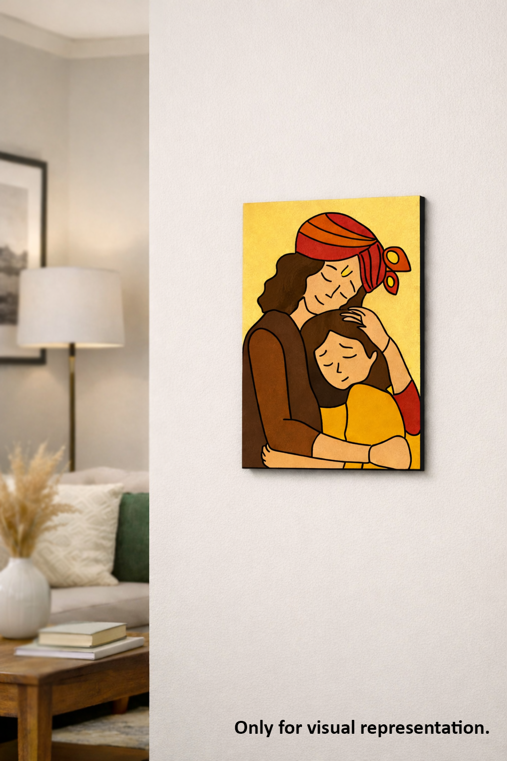 MDF DIY Canvas painting of krishna and child embracing on a wall in a living room.