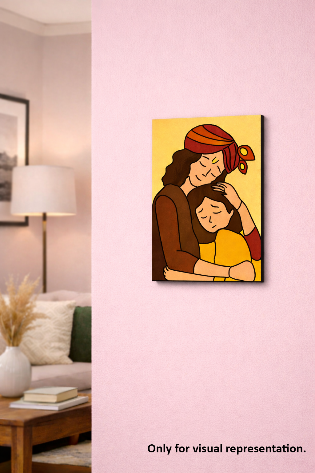 MDF DIY  Canvas print of a krishna and child embracing on a pink wall.
