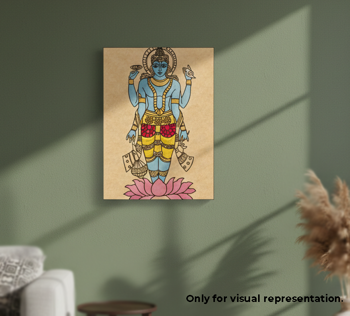 MDF DIY Canvas painting of a colorful deity on a green wall with a plant and chair in the foreground.