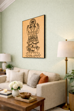 Living room with a beige sofa, wooden coffee table, and MDF DIY  wall art of a traditional figure.