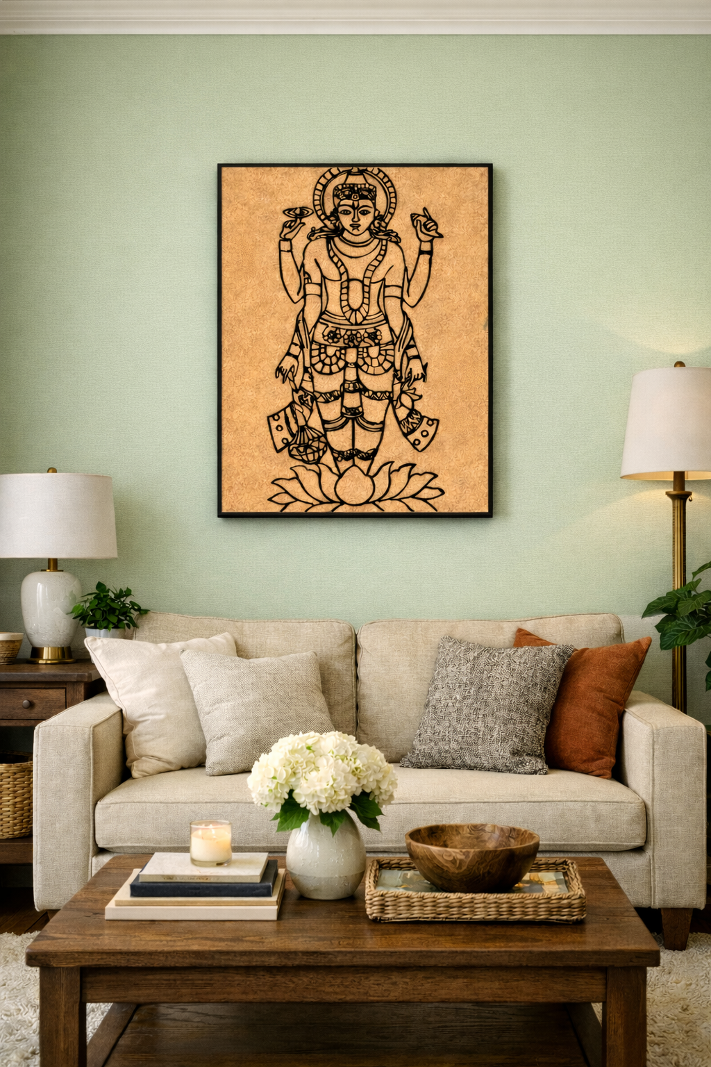 Living room with a beige sofa, wooden coffee table, and MDF DIY wall art of a deity.