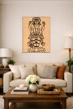 Living room with a beige sofa, wooden coffee table, and MDF DIY wall art of a deity.