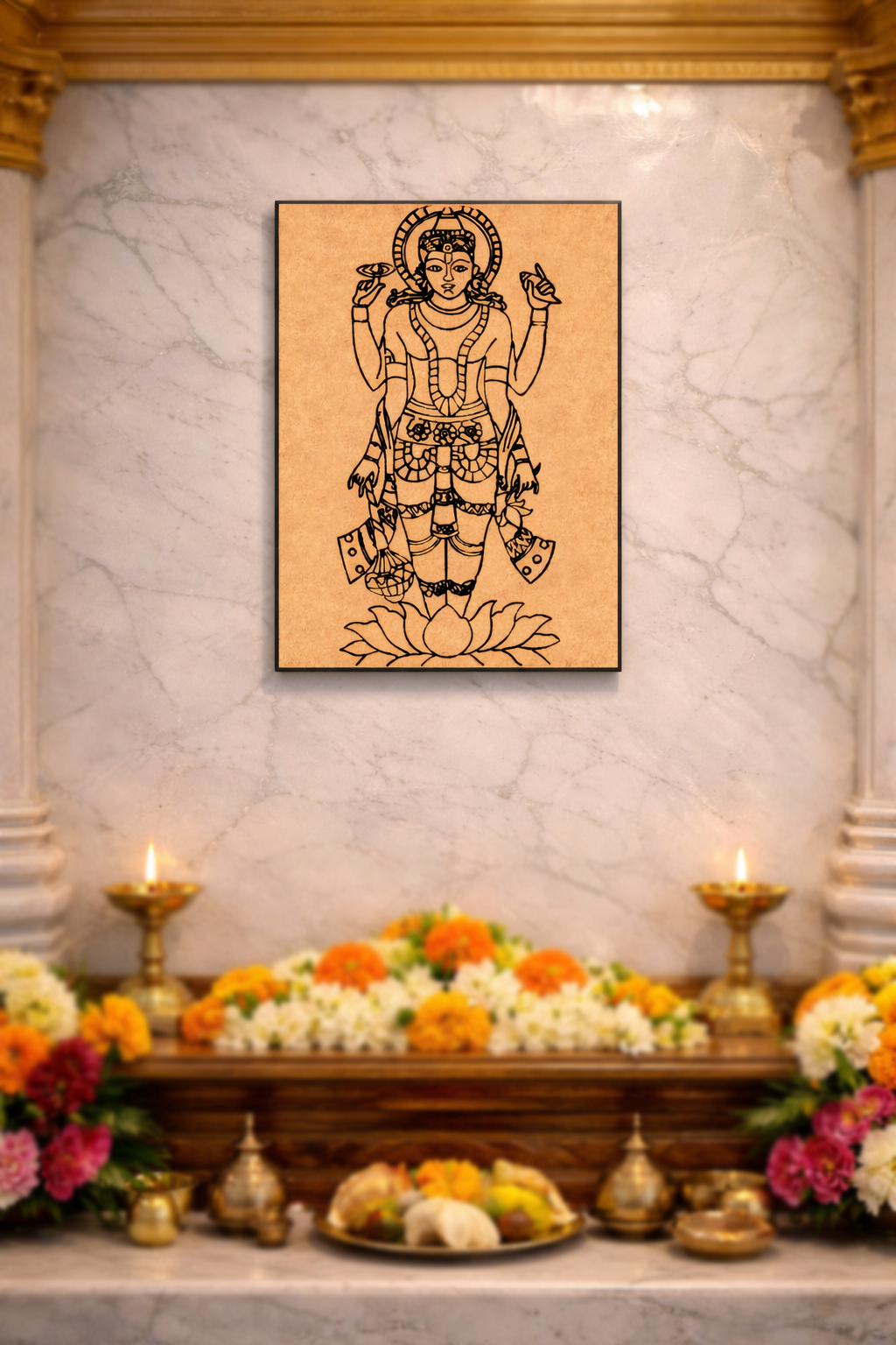MDF DIY wall art  of a deity on a marble wall above an altar with flowers and candles.