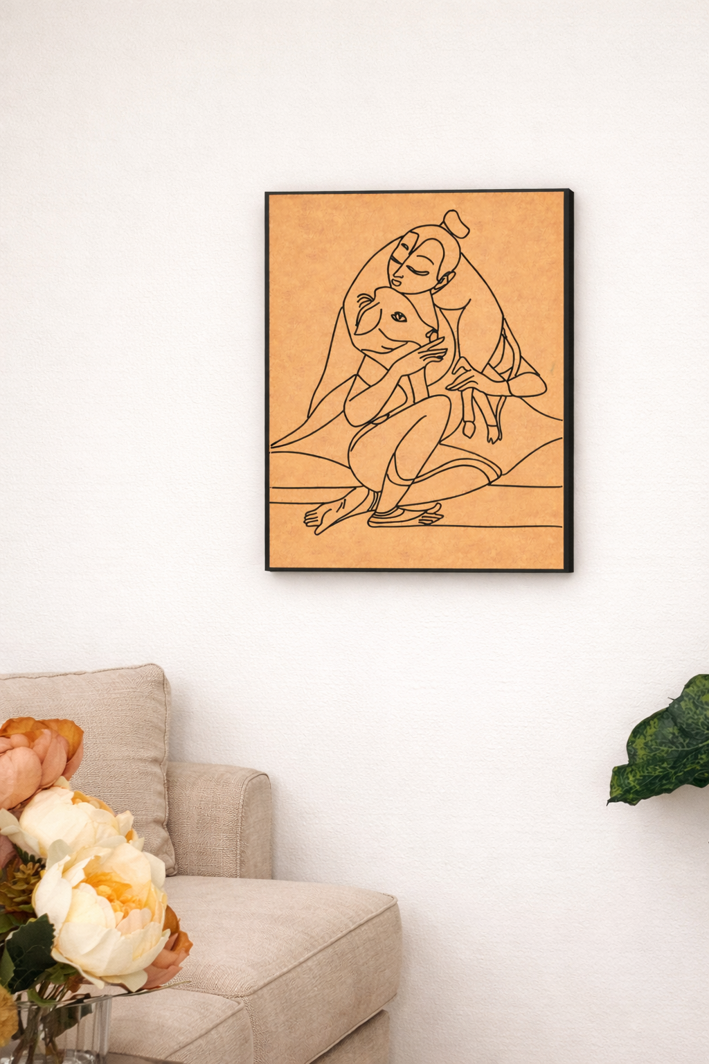 MDF DIY Framed artwork of a stylized painting on a white wall above a beige sofa.