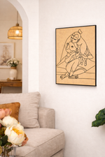 MDF DIY wall artwork of a krishna holding a cow on a wall in a living room.