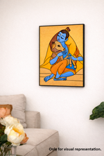 MDF DIY wall art of a blue-skinned figure with a lion on a white wall above a gray sofa.