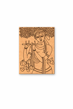 MDF DIY  wall art with engraved design of a krishna and a deer, inspired by classical art, on a white background.