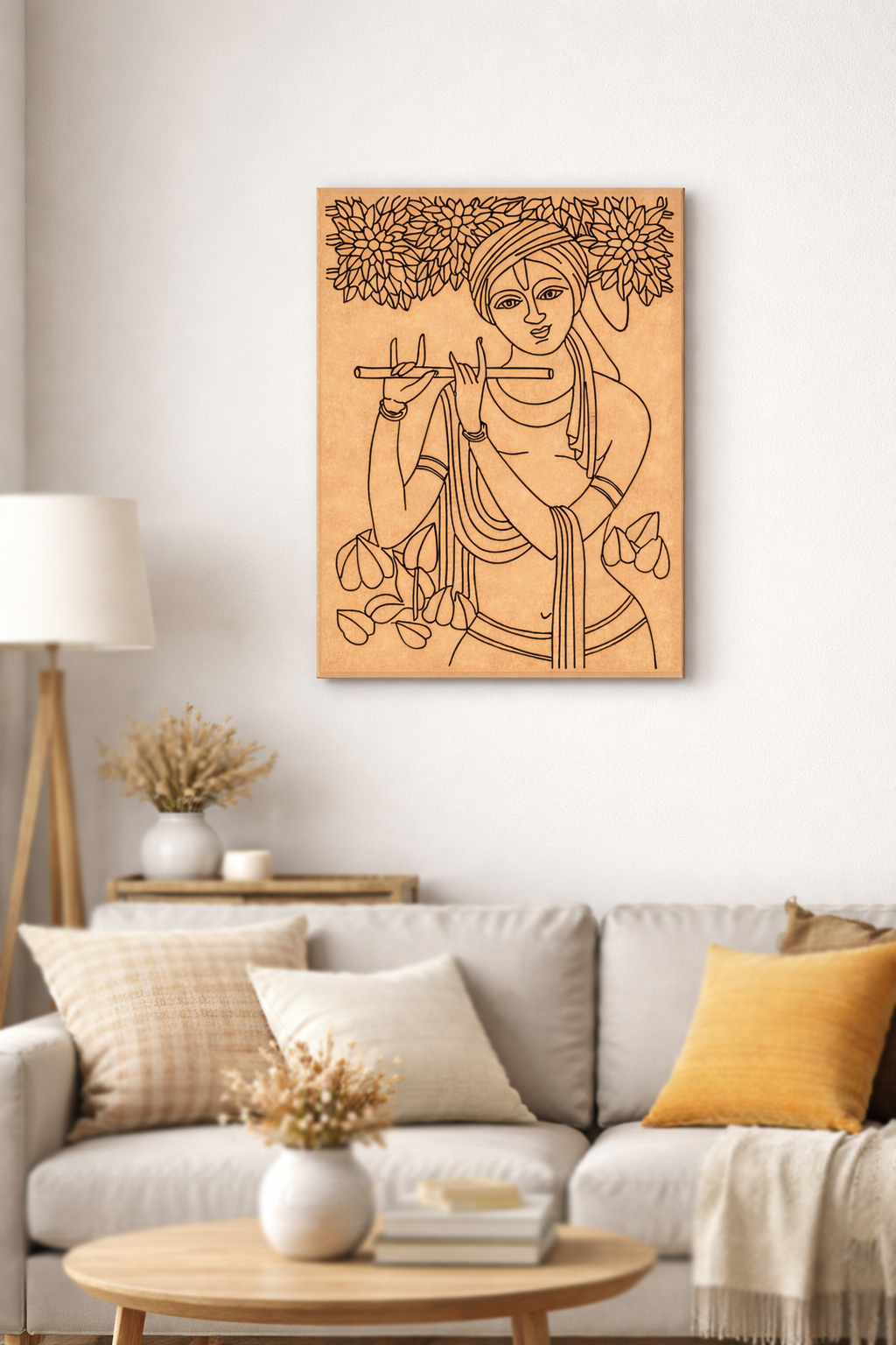 MDF DIY  wall art of a woman playing a flute in a living room setting.