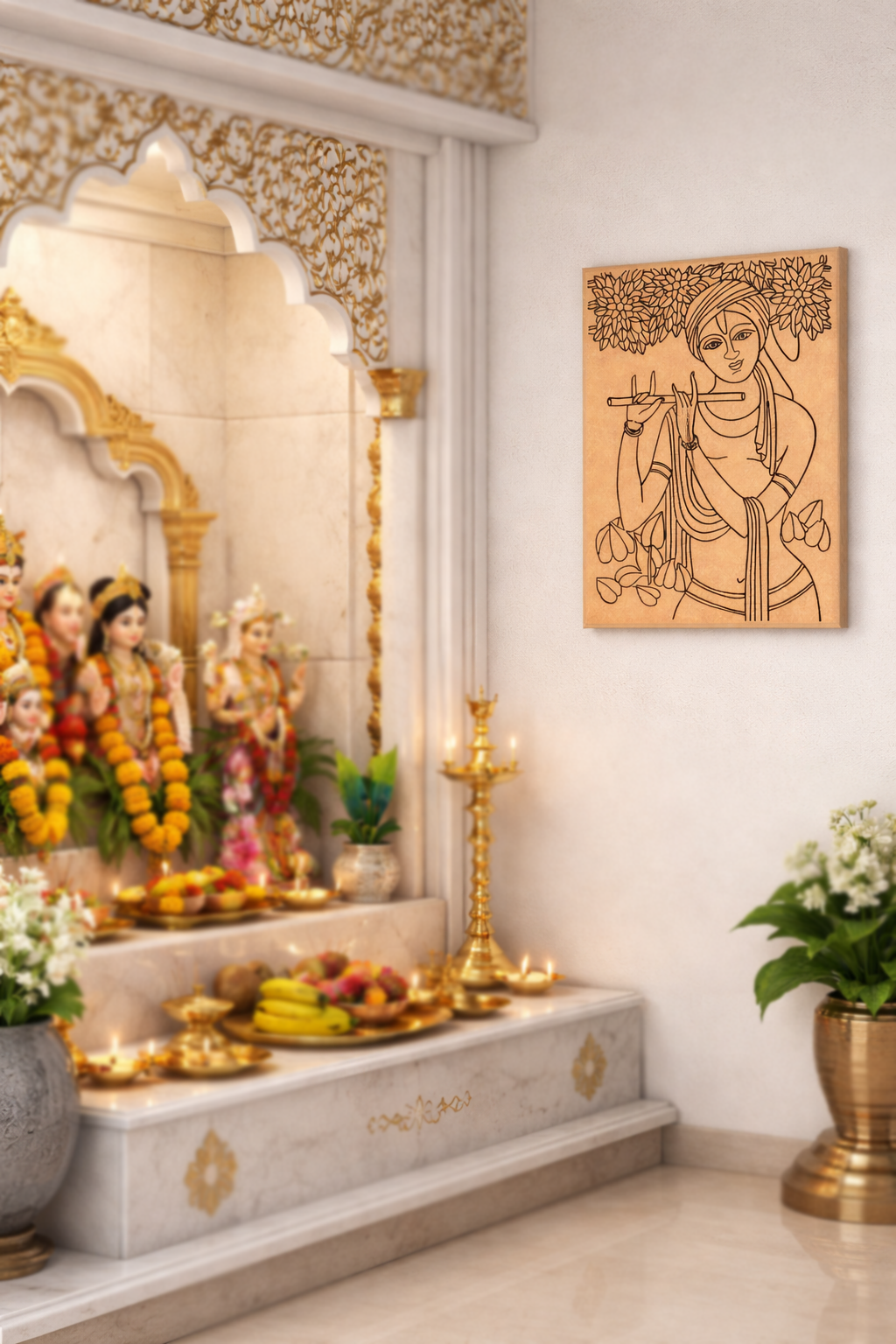 Decorative interior MDF DIY wall art  featuring statues, flowers, and a painting on the wall.