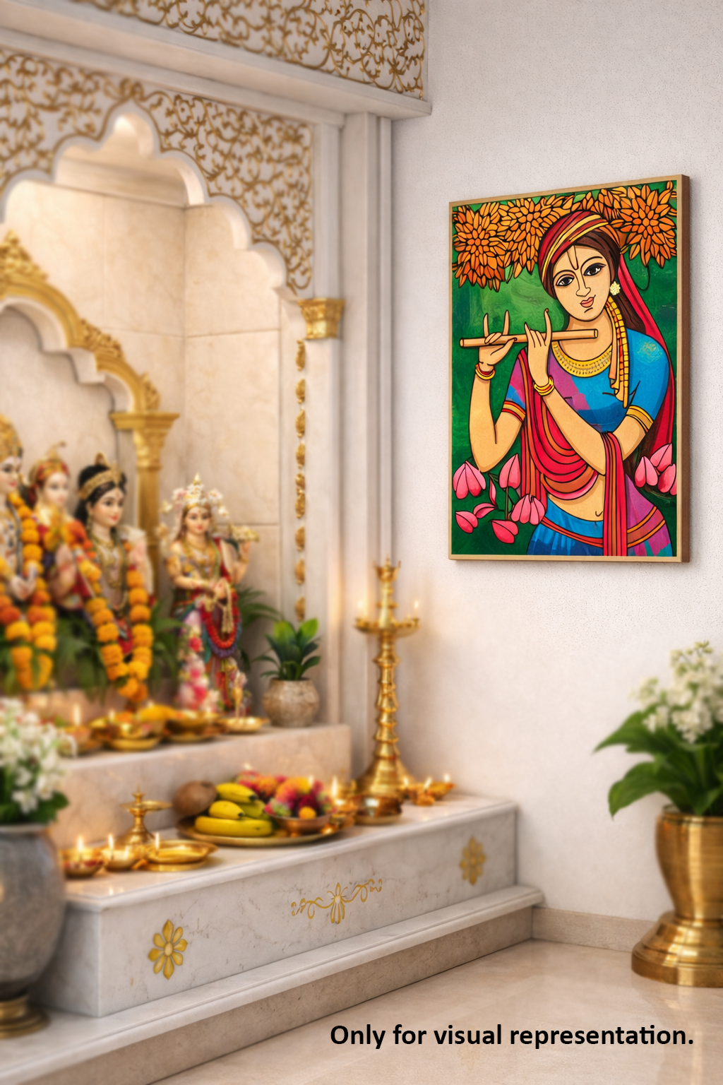Decorative MDF DIY wall art of a krishna with a flute in a temple setting