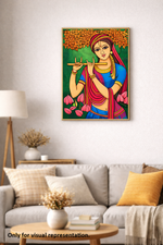 Colorful painting of a keishna playing a flute on a wall above a sofa.