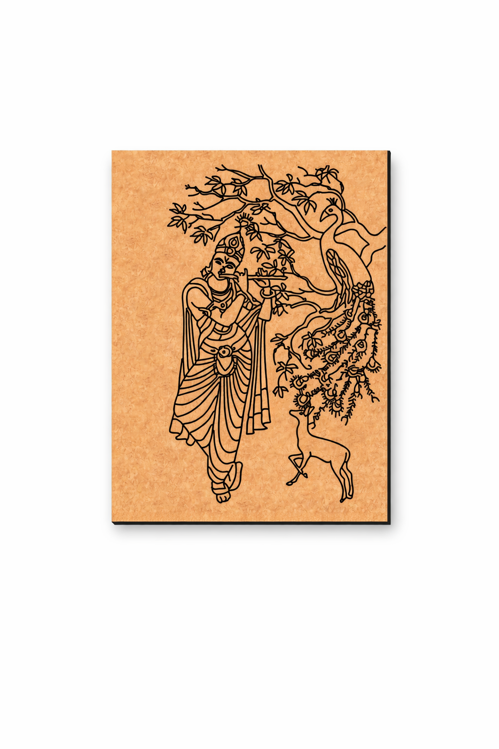 Decorative MDF DIY wall art with a black line art design of a figure, tree, and deer on a white background