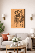 Decorative MDF DIY  wall art of a krishna and peacock on a wooden panel in a living room.