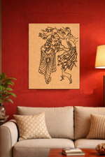 Decorative MDF DIY wall art on a red wall above a beige sofa with decorative pillows.