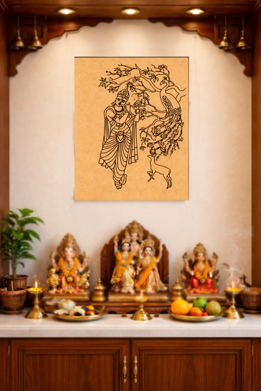 Decorative MDF DIY wall art of a woman with a peacock above an altar with statues and offerings.