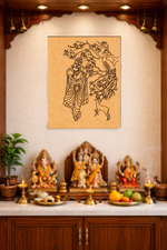Decorative MDF DIY wall art of a woman with a peacock above an altar with statues and offerings.