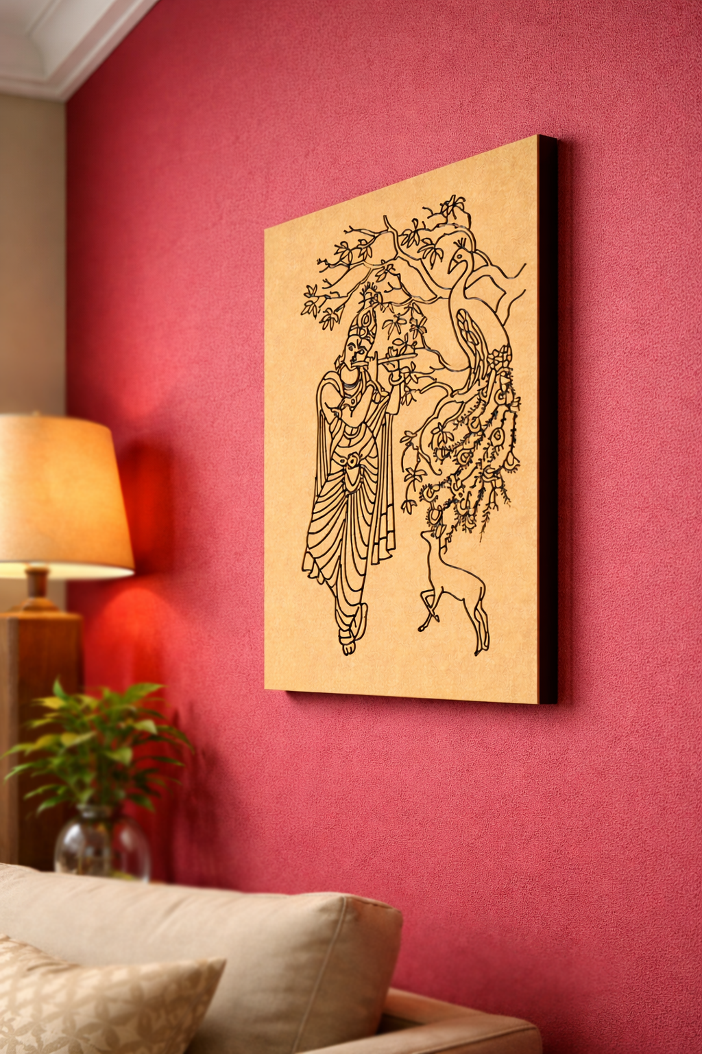 MDF DIY  wall art with a deer and krishna on a red wall, next to a lamp and plant.