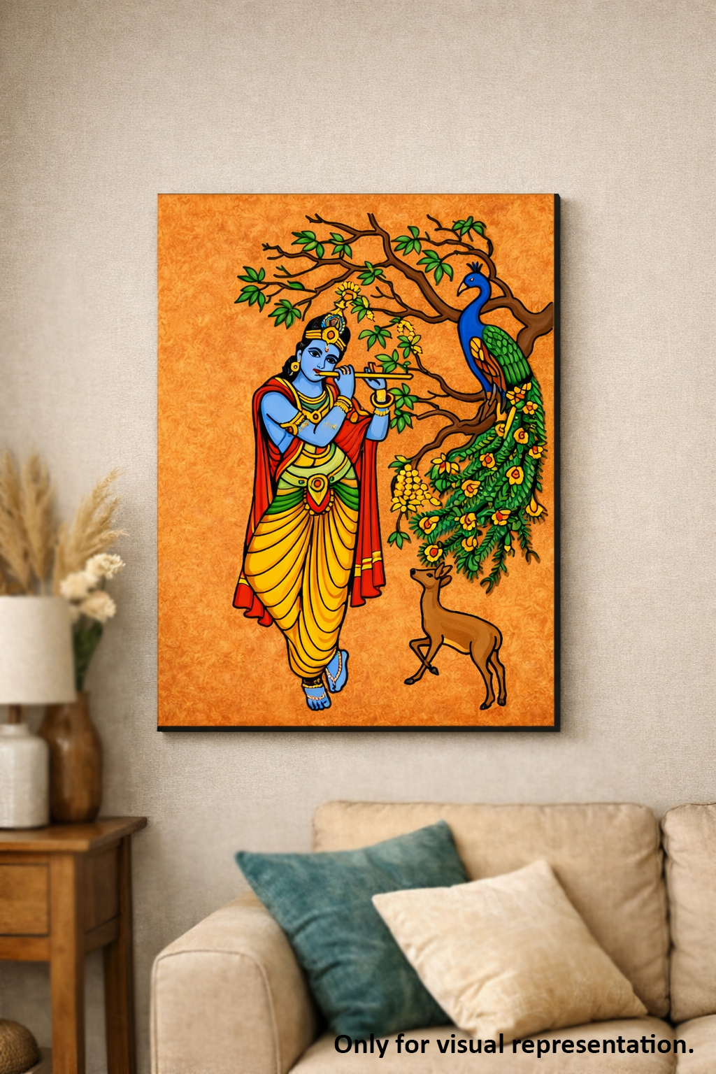 MDF DIY artwork of a traditional scene with a krishna, peacock, deer, and tree on an orange background, displayed in a living room.